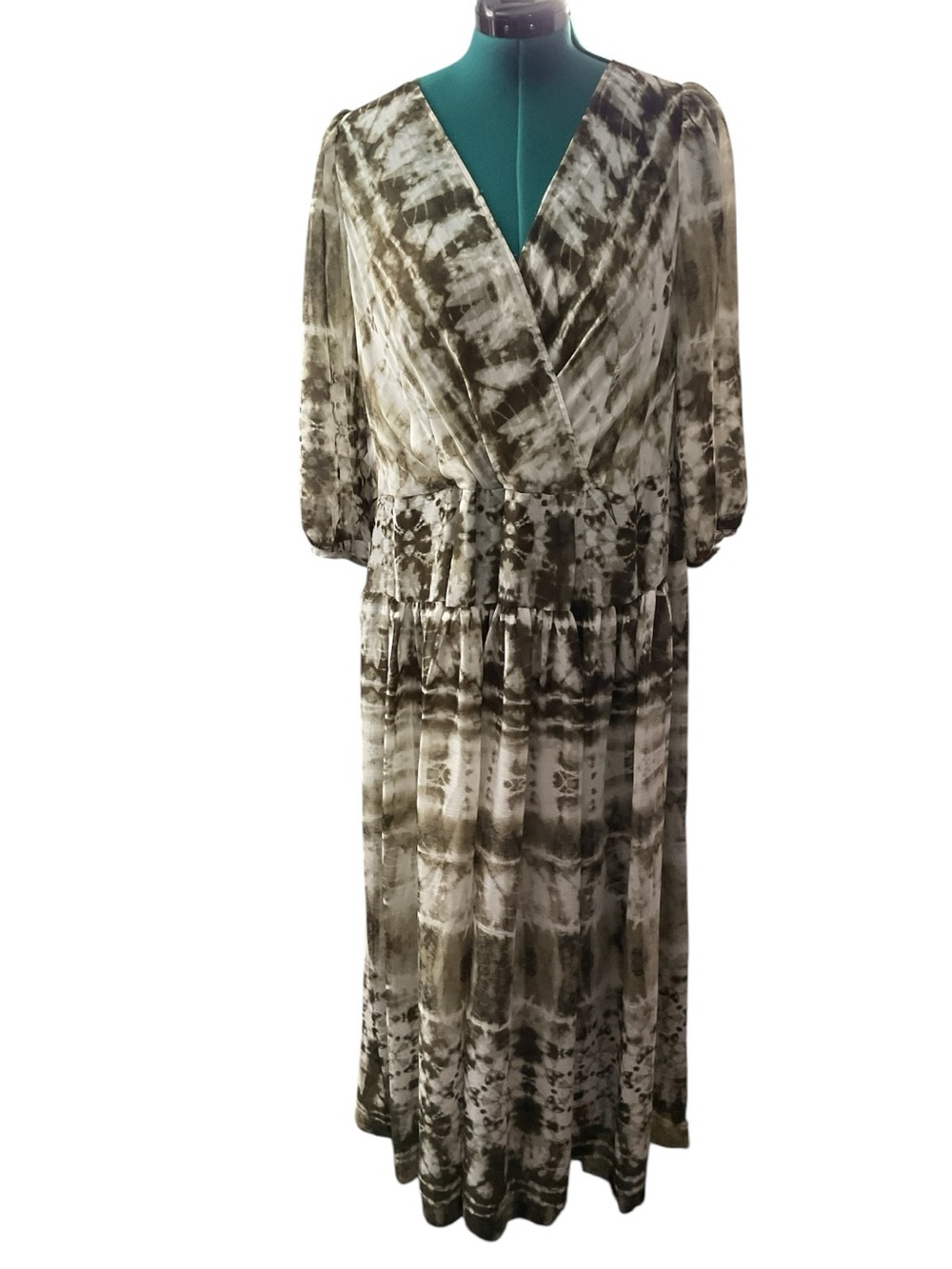 Calvin Klein Olive & Cream Tie-Dye Surplice Maxi Dress P:24” L:55”